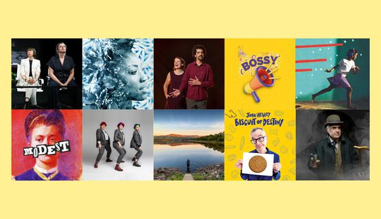 A yellow background with ten thumbnail images of touring productions coming to the Playhouse theatre