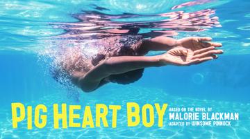 A young black boy swims underwater in a blue swimming pool. Bright yellow text reads: PIG HEART BOY.