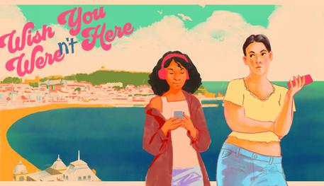 An illustration in pastel colours of a mother and daughter standing at Scarborough seafront. Text reads: Wish You Were[n't] Here