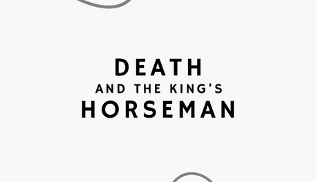 Against a white background, text reads: DEATH AND THE KING’S HORSEMAN in black. Wavy grey lines decorate the edge of the image.