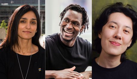 Headshots left to right for mentors Aisha Khan, John Rwothomack and Frey Kwa Hawking.