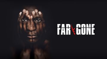 Text on the right reads: 'Far Gone'. There is an image of a red gun between the words. On the right, there is a Black man with his hands in front of his face. His facial features are in front of his hands.