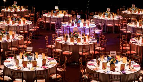 Tables set for Sheffield Theatre's Fundraising Gala in the Crucible Auditorium