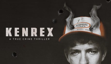 KENREX: A True Crime Thriller. photo of a man wearing an old worn baseball cap with two bullet holes in it and smoke coming out to look like horns.
