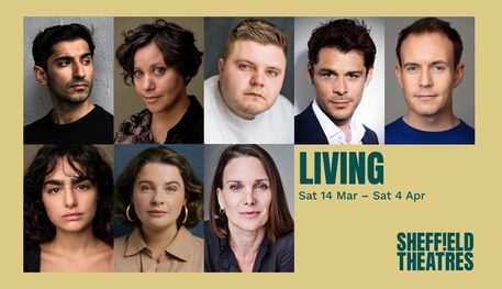 A composite image of actors' headshots set against a yellow background. Green text reads: LIVING