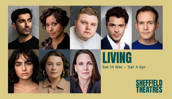 A composite image of actors' headshots set against a yellow background. Green text reads: LIVING