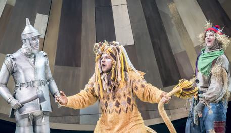 Production image of Max Parker as TinMan, Jonathan Broadbent as Lion and Andrew-Langtree as Scarecrow in The Wizard of Oz