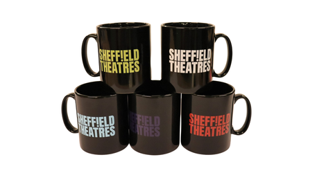 A pile of 5 mugs with the Sheffield Theatres logo on