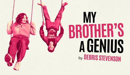 In a pink hue, two young people smile on swings. One screams with joy as they swing upside down and the other watches, smiling. Text reads: MY BROTHER'S A GENIUS By Debris Stevenson