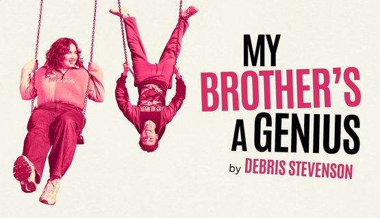 In a pink hue, two young people smile on swings. One screams with joy as they swing upside down and the other watches, smiling. Text reads: MY BROTHER'S A GENIUS By Debris Stevenson