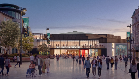 Concept image illustrating a large theatre, lit up in early evening. In front, people walk across a square.