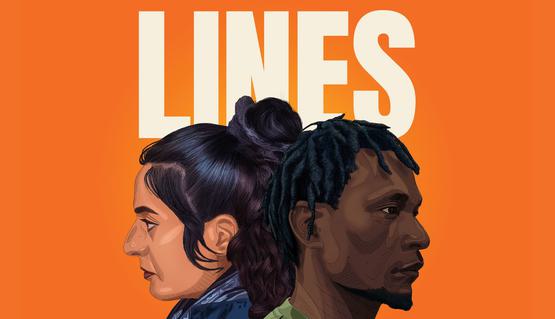 Profile illustrations of a man and woman’s faces looking away from each other. Against an orange background, test reads: LINES