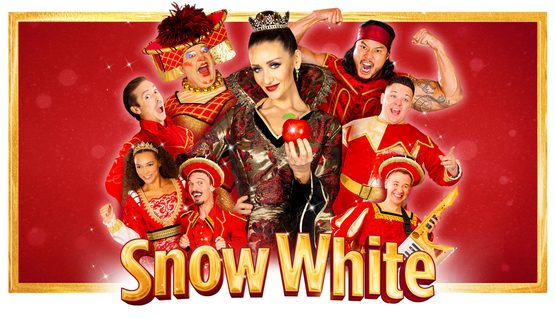 A red background framed with gold. Eight pantomime characters in red and gold vibrant costumes pose and smile. Centrally, a wicked queen holds out an apple and smiles. Text reads: SNOW WHITE