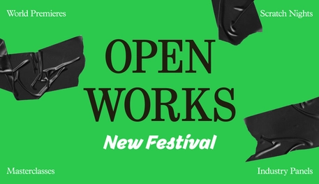 Against a green background, text reads: OPEN WORKS, NEW FESTIVAL. Black gaffa tape is crumpled around the writing.