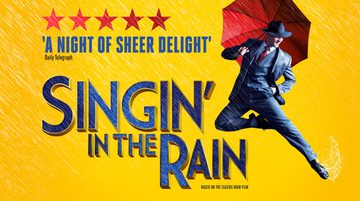 Promotional image for Singin' in the Rain. A man dressed in a suit and carrying an umbrella dances.