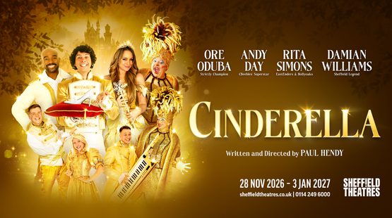 Against a golden background with leaves and a faraway castle, a cast of pantomime actors dressed in glistening gold costumes smile. Centrally, one holds a red cushion with a white shoe balanced on it. Text reads: CINDERELLA