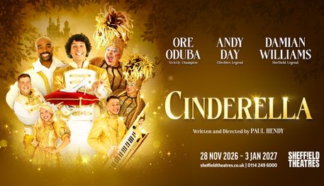 Against a golden background with leaves and a faraway castle, a cast of pantomime actors dressed in glistening gold costumes smile. Centrally, one holds a red cushion with a white shoe balanced on it. Text reads: CINDERELLA