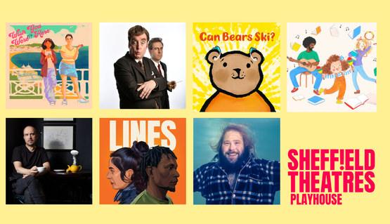 A set of theatre production artwork set against a yellow background. Text reads Sheffield Theatres Playhouse