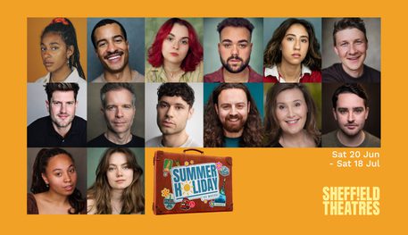 Composite artwork of actors' headshots for Summer Holiday, set against an orange background
