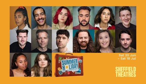 Composite artwork of actors' headshots for Summer Holiday, set against an orange background