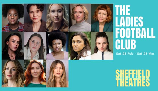Composite artwork of actors' headshots against a vibrant light blue background. Text reads: THE LADIES FOOTBALL CLUB