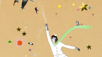 An illustration of a man flying with birds. There are edited gold stars beside him and planets in the bottom left of the image.