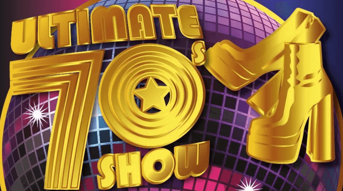 Text reads: ‘Ultimate 70s show’. There is a large dizzo ball behind the text. There are also platform yellow heels next to the text.